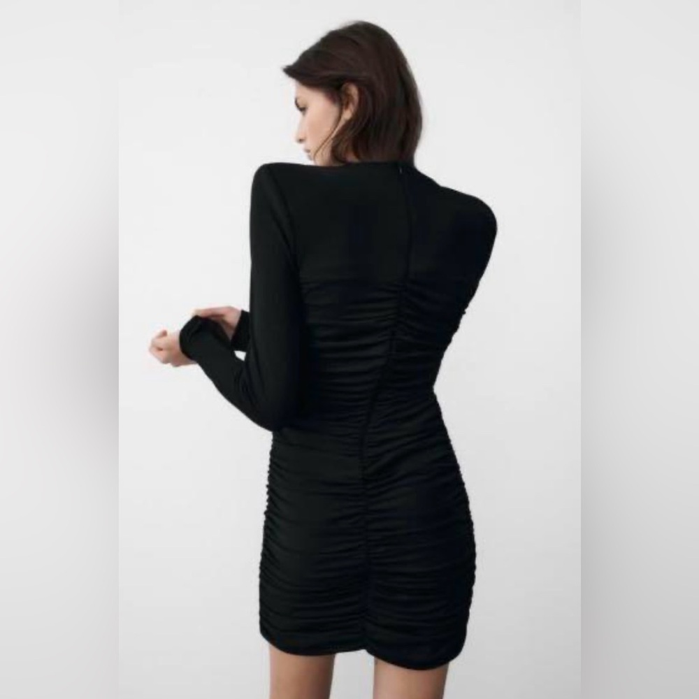 Zara Black Long Sleeve Ruched Dress - Picture 2 of 7